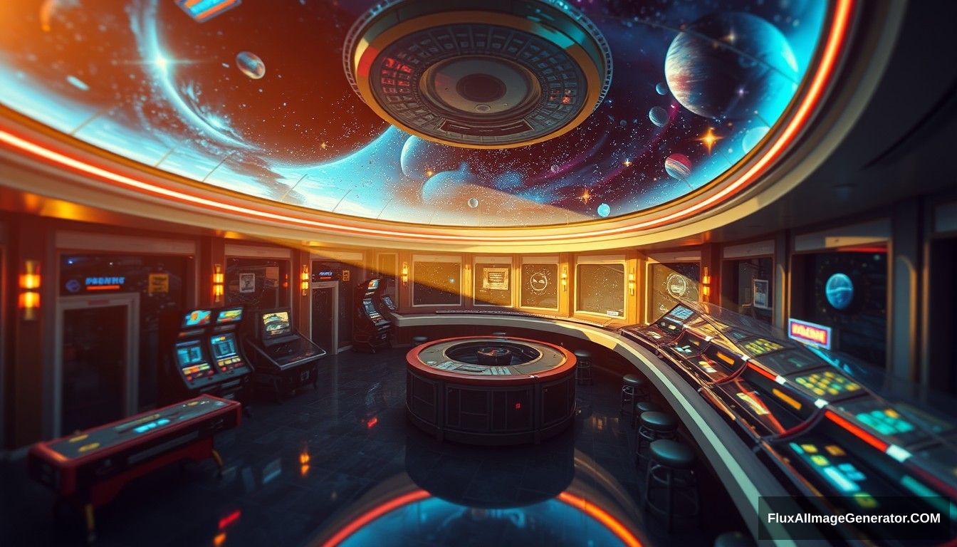 Cel shaded art, wide shot, from above, Dutch angle, from side, perspective, intense angle, depth of field space, universe, space station, lobby, sunlight, retro, 70s, indoor, night, star, neon, warm light, game room, entertainment, glass ceiling.