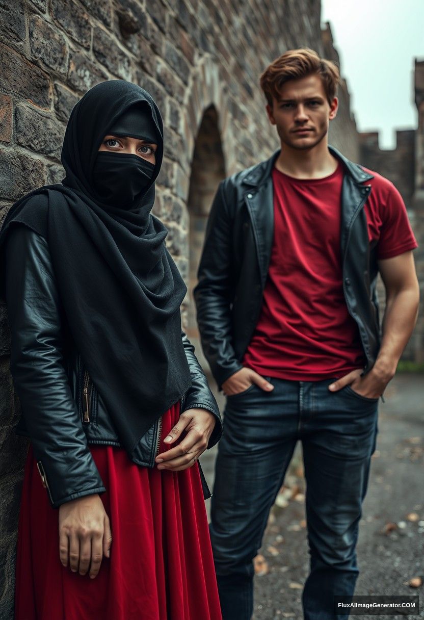 A biggest black hijab girl, beautiful eyes, face mask black, black leather jacket, biggest red longest dress, untall,

Jamie Dornan, handsome, face mask black, fit and tough body, metal red t-shirt, black leather jacket, jeans, tall man,

standing near wall together,
Hyper realistic, photorealistic, street photography, Victoria's abandoned castle, gloomy, darkness. - Image