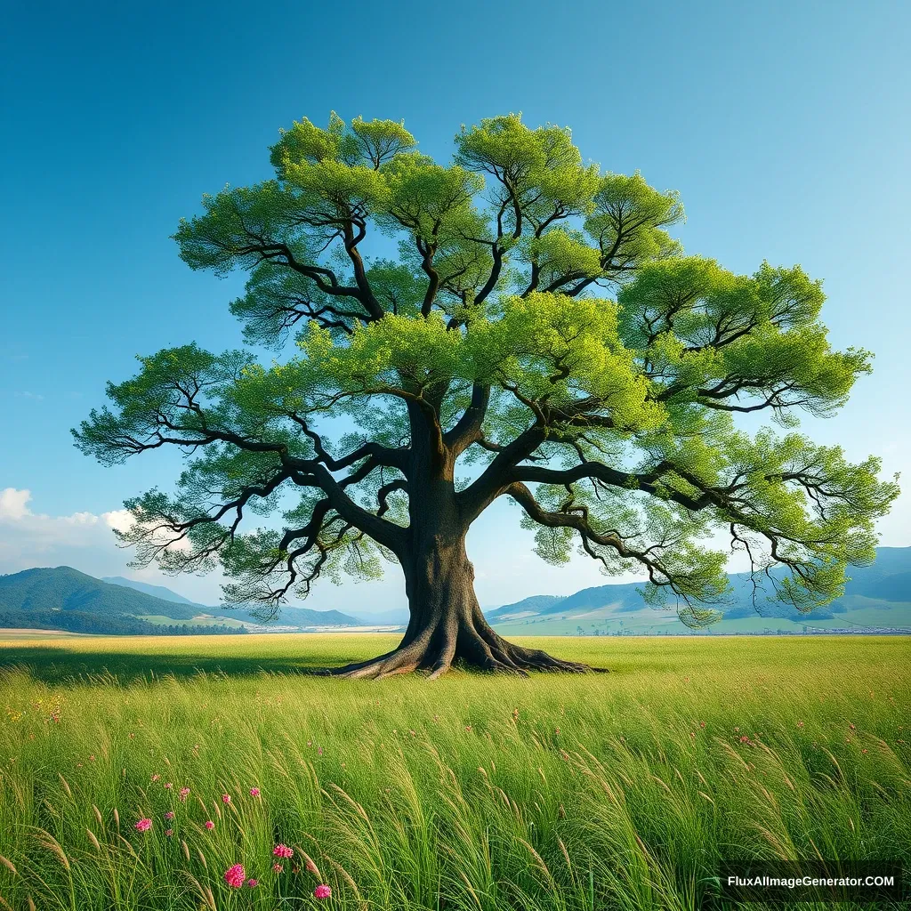 "Qipao beauty, real, grassland, big tree."