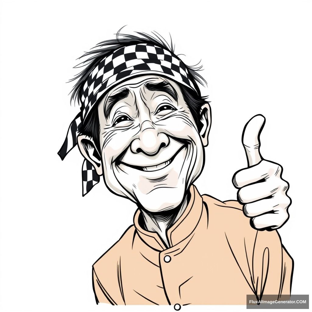 Create a highly detailed, black and white sketch-style caricature of a cheerful elderly Vietnamese man with short, dark hair and a weathered face. The man should be smiling broadly, with one hand raised in a thumbs-up gesture. He is wearing a traditional brown áo bà ba and a black and white checkered bandana tied around his head. The illustration should have exaggerated facial features, clear lines, set against a plain white background, with no text or watermark.