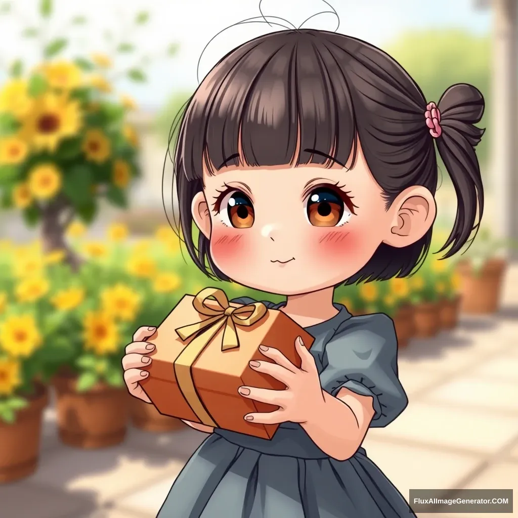 A little girl who looks very cute, with a relatively large head proportion, holding a snack gift box, in a 3DQ style, with a mushroom haircut, wearing a dress, against a background of the beginning of summer.