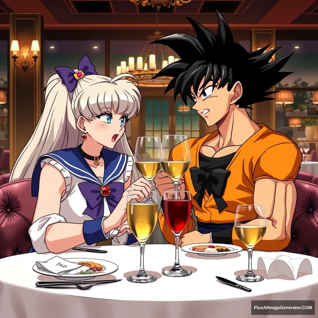 Goku and Sailor Moon having dinner together in a fancy restaurant, hyper-realistic photo.