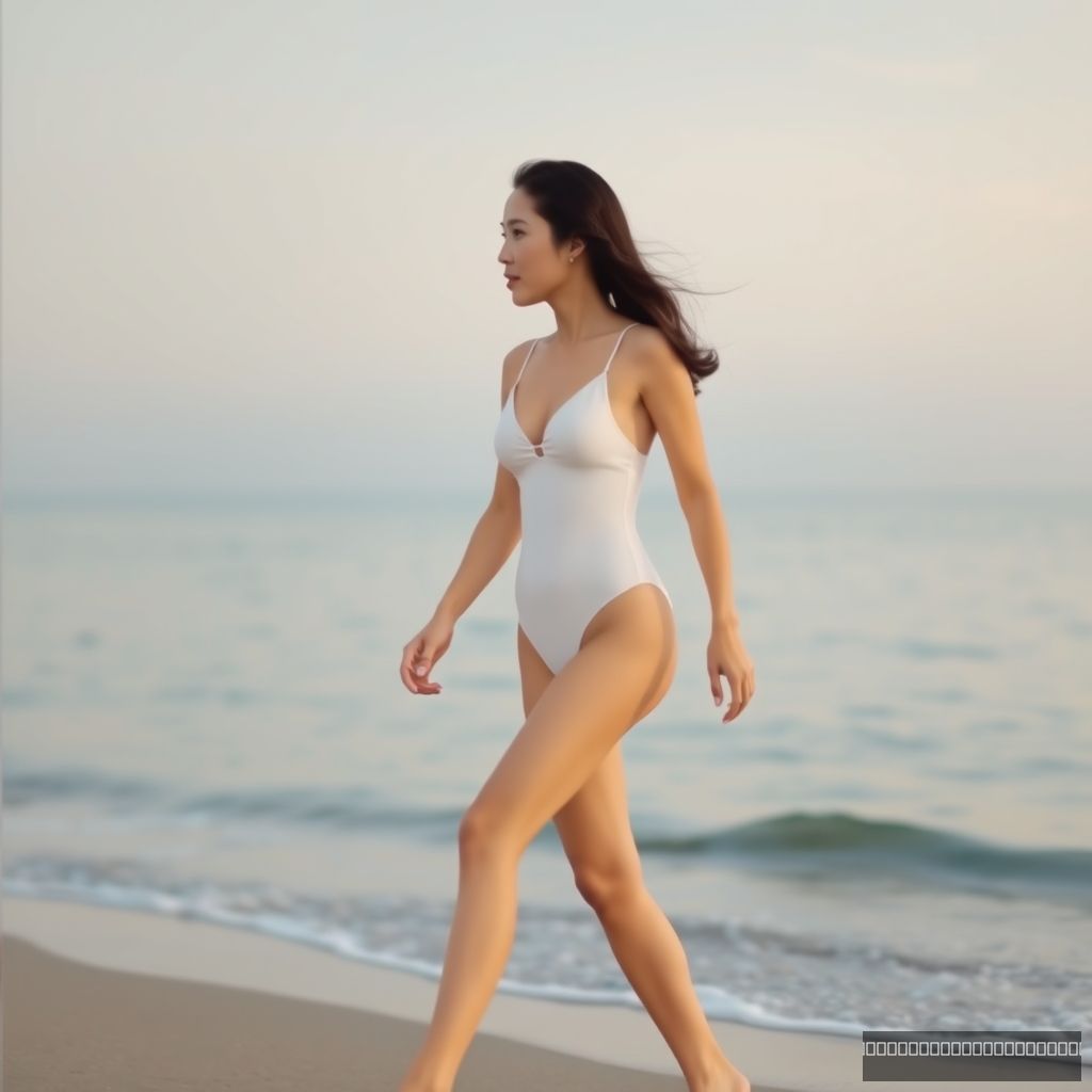 A woman in a swimsuit walking by the sea, beach, dusk, Chinese.