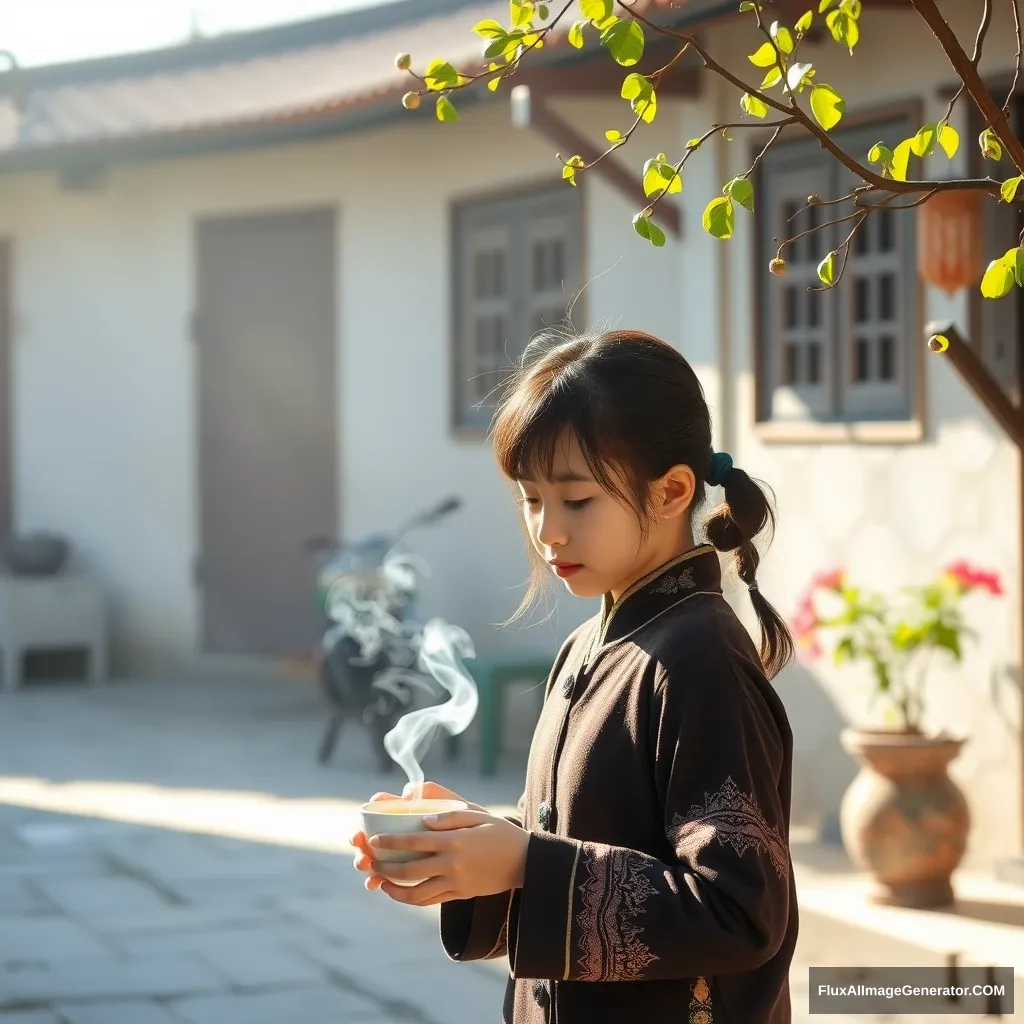 A sunny morning, in a village courtyard, a Chinese girl is drinking tea. - Image