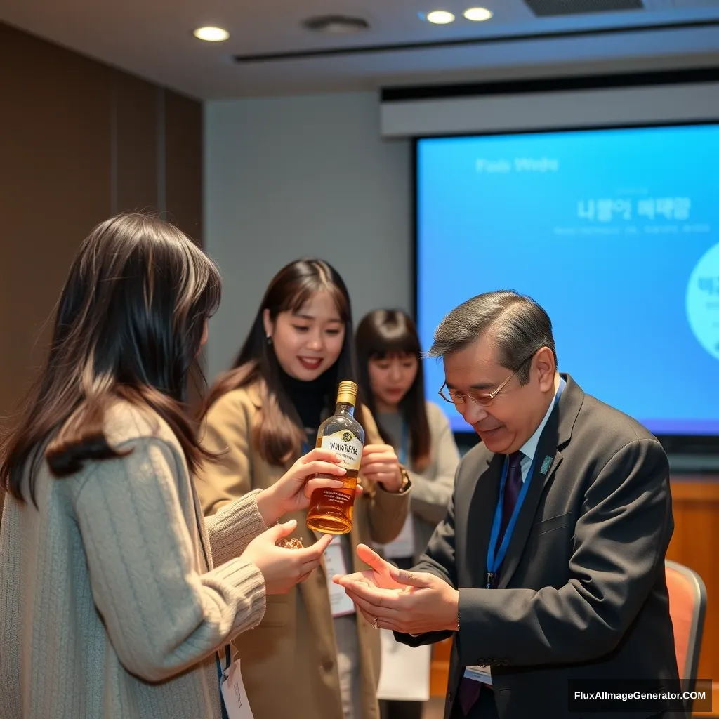 Students who won awards in an artificial intelligence competition gift whiskey to their professor as a gesture of gratitude, and the professor is moved to tears; both the students and the professor are Korean.