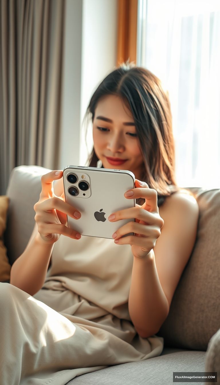 The beautiful Japanese woman is sitting on the sofa in the living room, playing mobile games with her iPhone 15 in both hands. Her fingers are slender and her skin is fair and translucent. The sun shines on her hands and the back of the iPhone 15 from the window. A close-up of the iPhone 15 is held in both hands. No face needs to be shown.