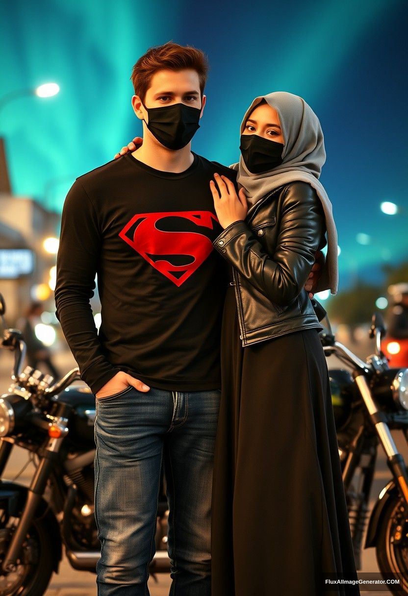 Jamie Dornan, tall, young, wearing a black face mask, a long-sleeve black Superman T-shirt, and jeans, 

dating a romantic Muslim girl in a grey hijab, with beautiful eyes, wearing a black face mask, a leather jacket, and an extremely long and wide skirt, not a tall girl, 

laying on his shoulder, standing near motorcycles for photography, a Harley Davidson model, in town, photorealistic street photography, night scenery, aurora borealis. - Image