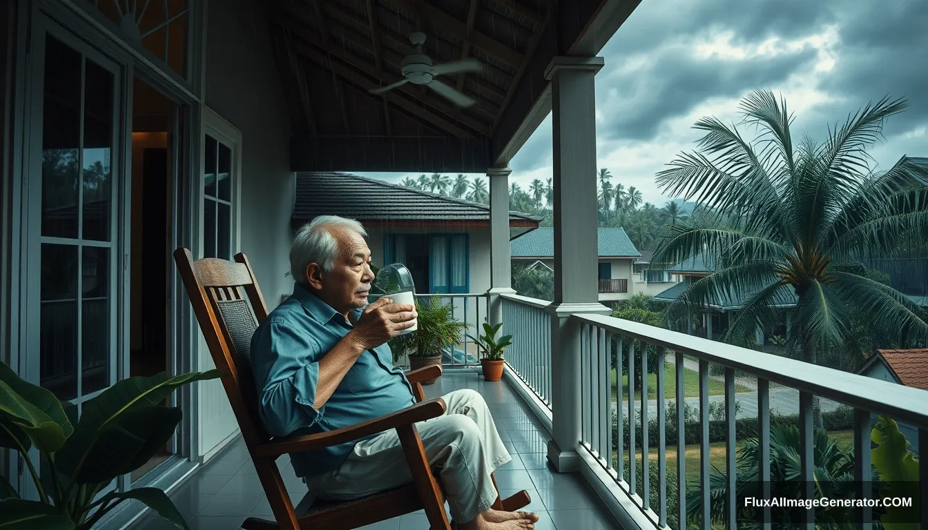 the style of Hirohiko Araki Kubrick, Image of a 60-year-old Thai grandfather, handsome and attractive
Sitting on a rocking chair, sipping hot coffee, relaxing on the balcony of a house in Chonburi, enjoying the morning atmosphere with dark blue clouds, cool wind in front of the house, with a garden, banana trees, coconut trees, heavy rain atmosphere, Oil painting, sharp 3d, 40k. - Image