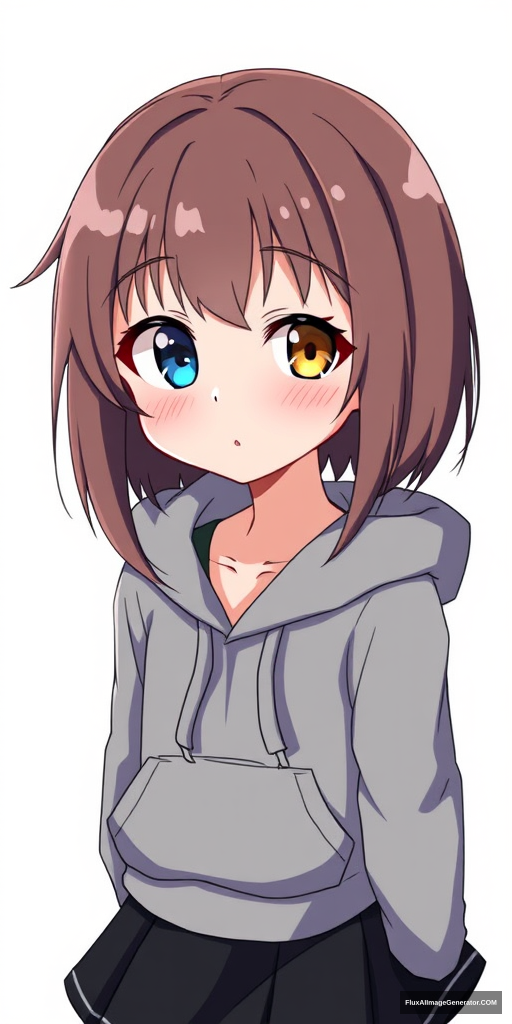 One anime girl with a blue left eye and a yellow right eye, and brown hair. She has a cute appearance, short stature, and is dressed in a gray hoodie with a black skirt. - Image