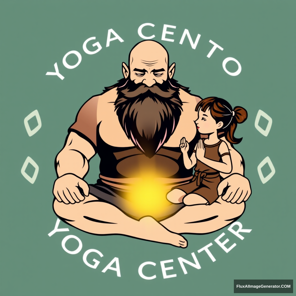 Yoga Center logo: a muscular large bald dwarf with a beard in the lotus position exchanges energies with a girl. - Image