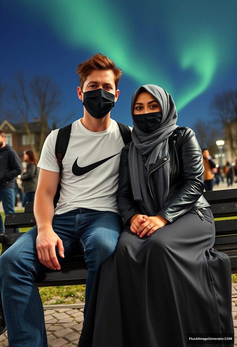 Jamie Dornan, tall and young, wearing a black face mask, a white Nike t-shirt, and jeans, is dating a beautiful Muslim girl in a grey hijab with lovely eyes, also wearing a black face mask, a leather jacket, and an extremely long skirt. She is not very tall. They are sitting together on a park bench in town, with strangers in the background. The scene is photorealistic, resembling street photography and selfie photos, set against a night backdrop with the aurora borealis.