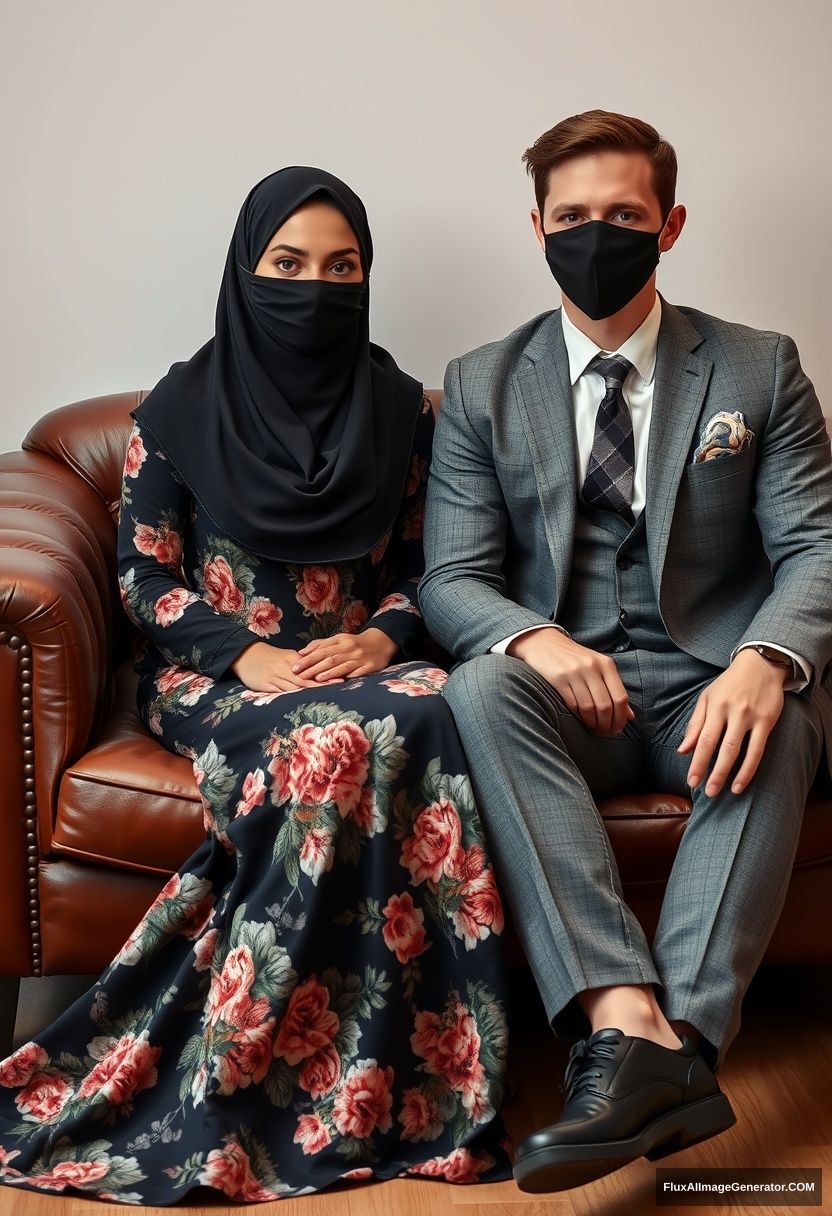 A biggest black hijab girl, slim girl, beautiful eyes, face mask black, biggest floral longest dress, sitting on leather single wing sofa,

Jamie Dornan, youngest, grey suit coat, grey pattern tie, black leather sneaker, tall man, face mask black, fit body, sitting near her,

hyper realistic, studio photography. - Image