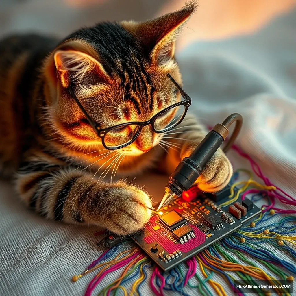 A mischievous tabby cat, wearing tiny spectacles, meticulously solders a circuit board with a miniature iron. Vibrant threads weave intricate patterns, mimicking electronic pathways. Soft fabric backdrop, warm lighting. Delicate French knots form components. Style: Hyper-realistic embroidery art, blending traditional craftsmanship with modern technology. - Image