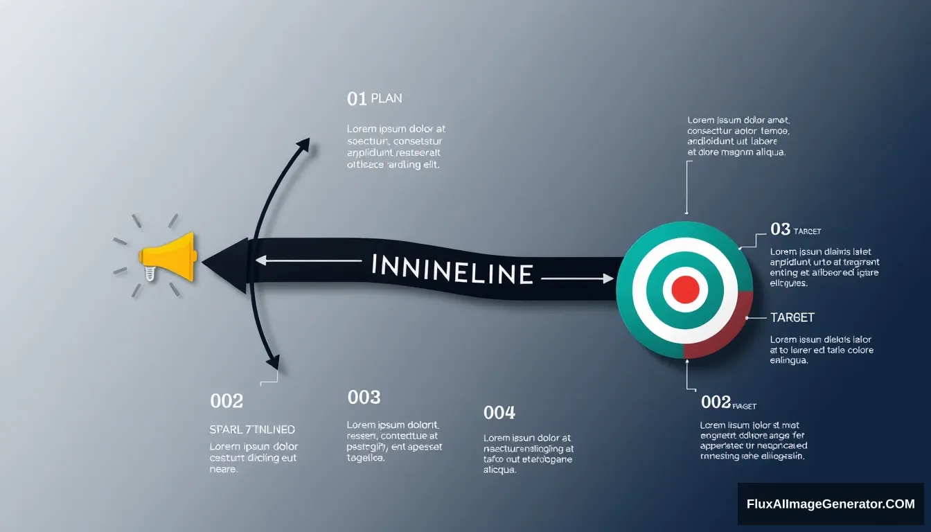 Business timeline infographic, circular diagram divided into 6 colored sections like a pie chart, resembling a snake or spiral. A thick black arrow wraps around the sections showing clockwise progression, with the arrowhead pointing to "FINISH". Section 1: "01 PLAN" icon light bulb in orange. Text "Lorem ipsum dolor sit amet, consectetur adipiscing elit. Sed do eiusmod tempor incididunt ut labore et dolore magna aliqua." Section 2: "02" icon megaphone in yellow. Section 3: "03 WORK" icon gears in green. Text "Lorem ipsum dolor sit amet, consectetur adipiscing elit. Sed do eiusmod tempor incididunt ut labore et dolore magna aliqua." Section 4: "04 TARGET" dartboard icon in turquoise blue. Text "Lorem ipsum dolor sit amet, consectetur adipiscing elit. Sed do eiusmod tempor incididunt ut labore et dolore magna aliqua." Section 5: "05" diamond icon in purple. Section 6: "06 FINISH" checkmark icon in dark purple, with "SUCCESS" and smaller text. - Image