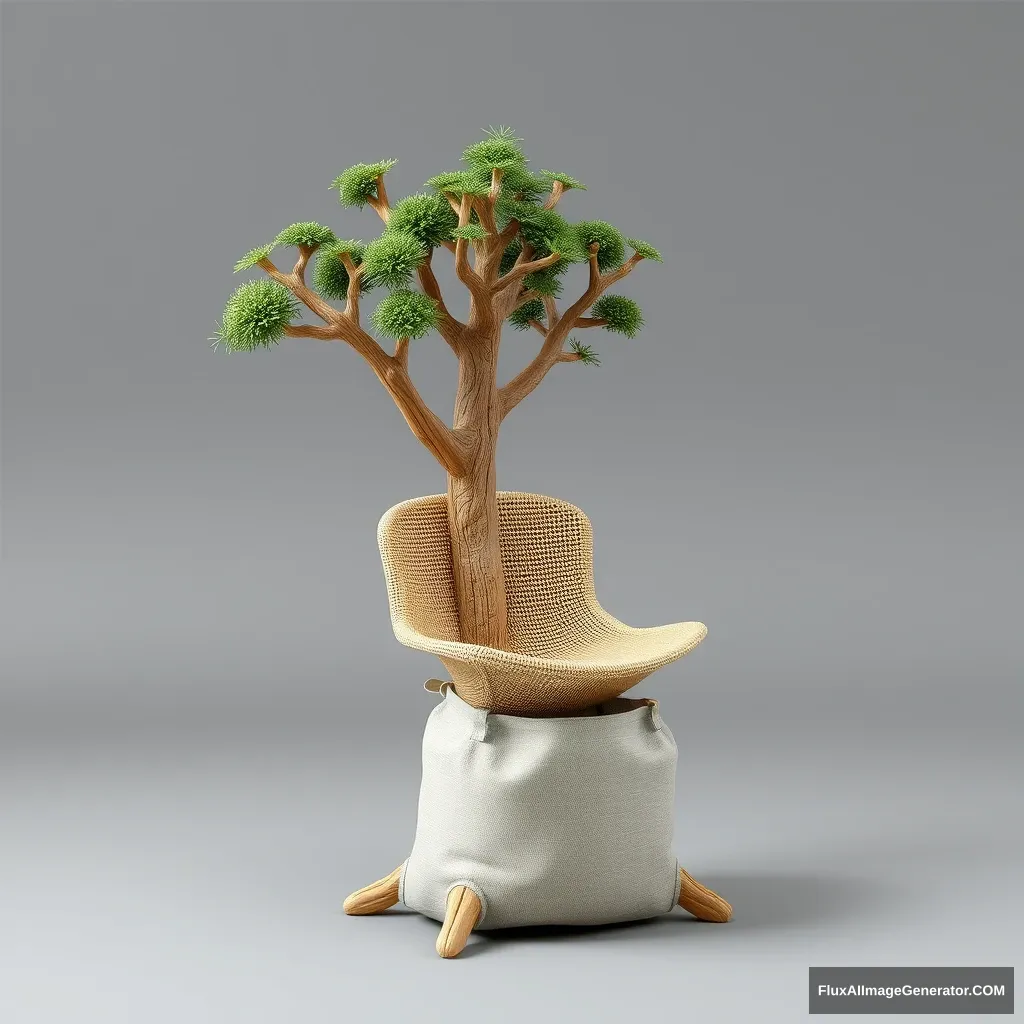 Product design for a chair that resembles a tree and a bag. - Image