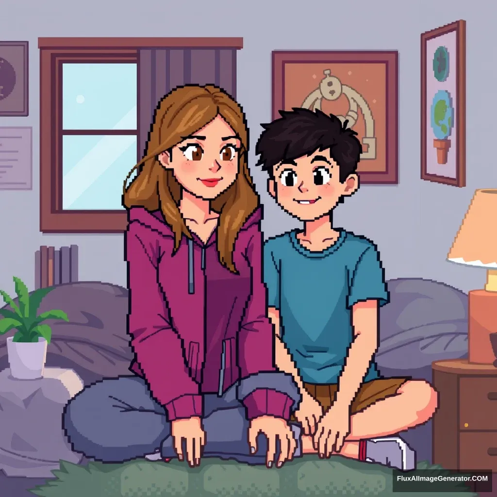 Pixel art teenage girl and boy in a room.