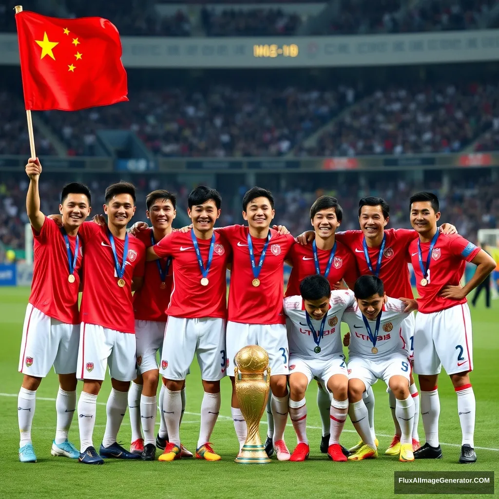 Chinese men's football team, World Cup winners, five-star red flag, Copa Libertadores. - Image