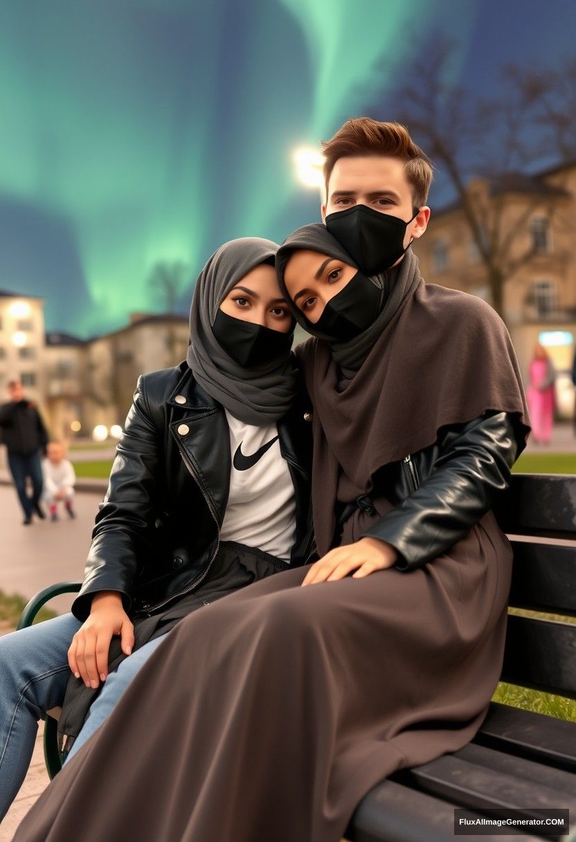 Jamie Dornan, tall, young, wearing a black face mask, a white Nike T-shirt, and jeans, 

dating a beautiful Muslim girl in a grey hijab, with stunning eyes, also wearing a black face mask and a leather jacket, along with a very long and big skirt, who is not tall, 

sitting together romantically on a park bench, laying on each other's shoulders, in a town, with strangers in the background, photorealistic, selfie photos, night scenery, aurora borealis.