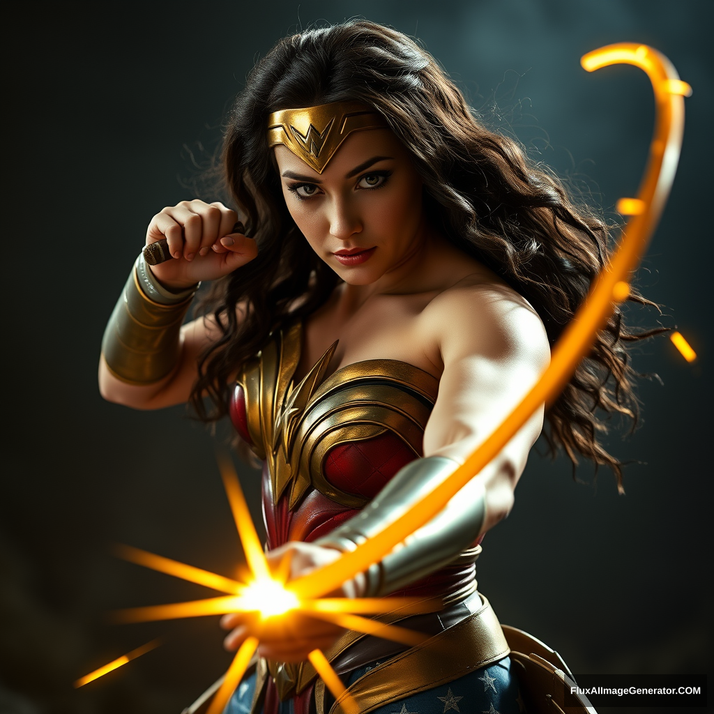 Wonder Woman real-life female, cracking her golden glowing whip, hyper-realistic photo, dramatic.