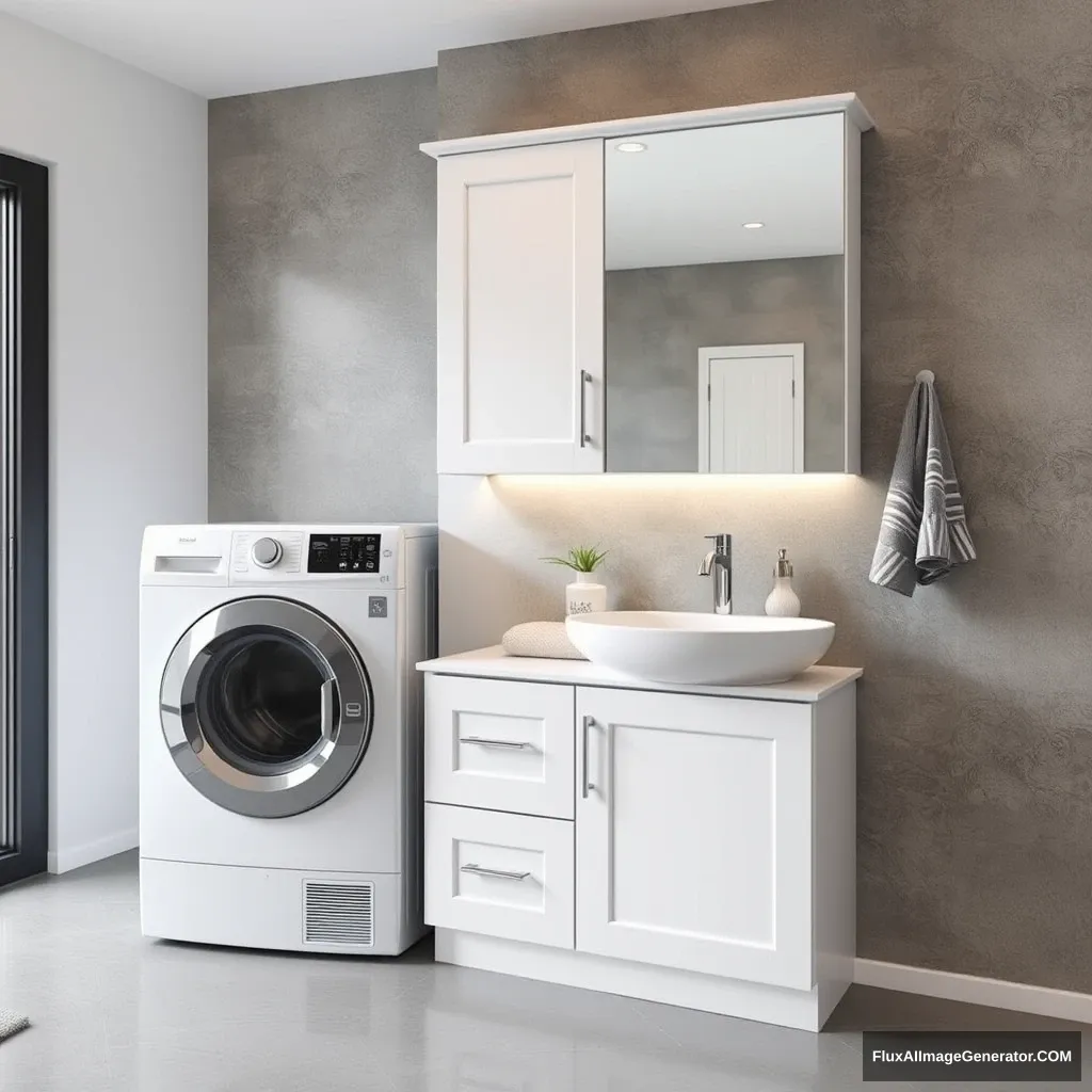 Help me design a beautiful bathroom and washing machine integrated cabinet, with the washing machine on the left and the bathroom cabinet on the right, to be integrated and presented on one wall. - Image