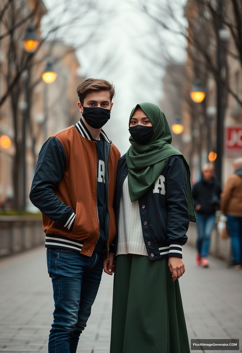 Jamie Dornan, young, black face mask, capital A collage jacket, jeans, red sneakers, romantic dating with the most beautiful Muslim girl in an army green hijab, beautiful eyes, black face mask, college jacket, longest skirt, high-top sneakers, short girl, photorealistic, street photography, full photography.