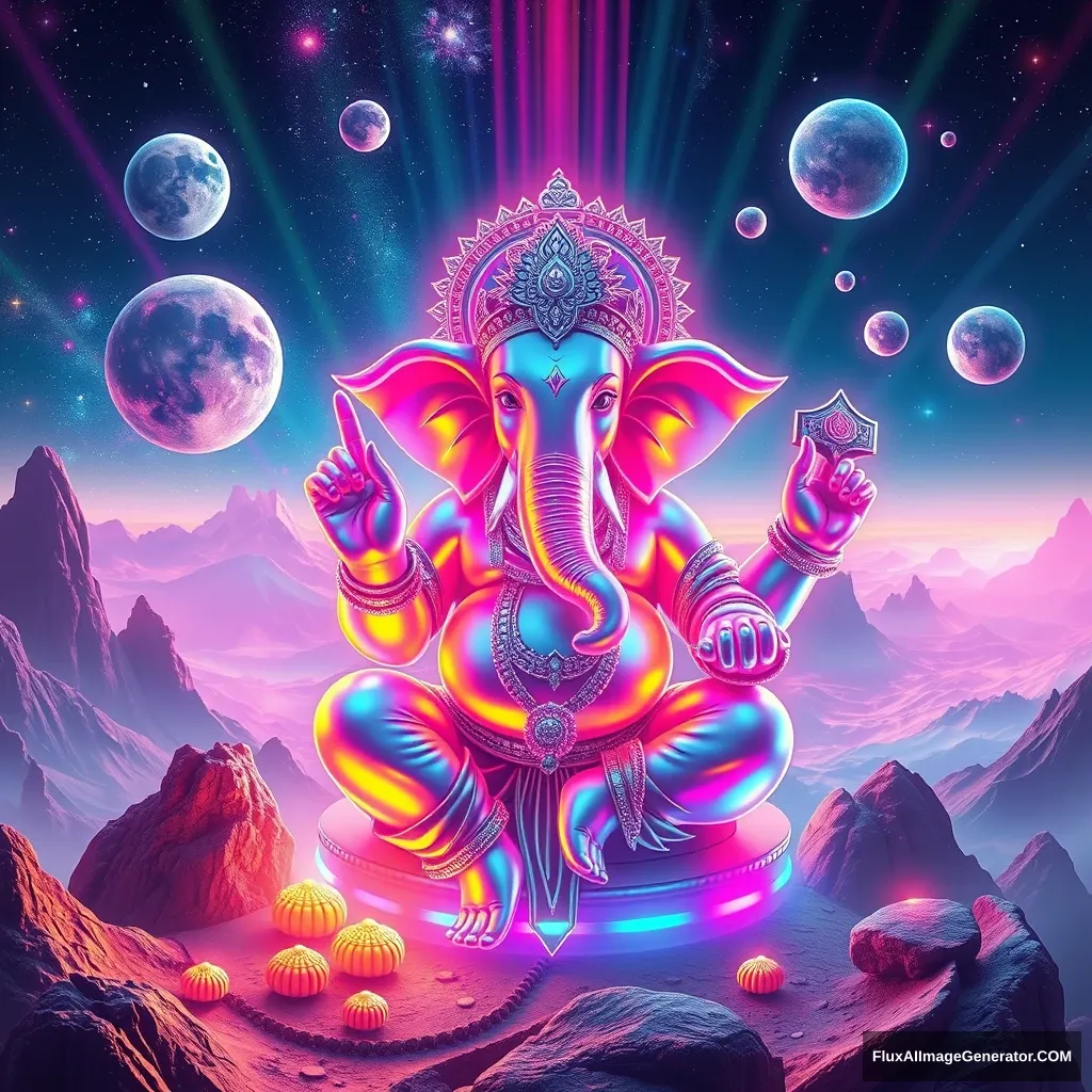 Create an out-of-this-world, futuristic depiction of the Ganesha festival. Imagine Lord Ganesha in a surreal cosmic setting, surrounded by floating galaxies, neon lights, and otherworldly landscapes. Use holographic and iridescent colors to highlight Ganesha’s form, blending traditional symbols like the elephant head and modaks with futuristic elements such as digital patterns and sci-fi motifs. Incorporate ethereal light beams, celestial bodies, and a sense of weightlessness to convey a cosmic celebration. The image should evoke a sense of awe and wonder, blending spiritual reverence with futuristic imagination.