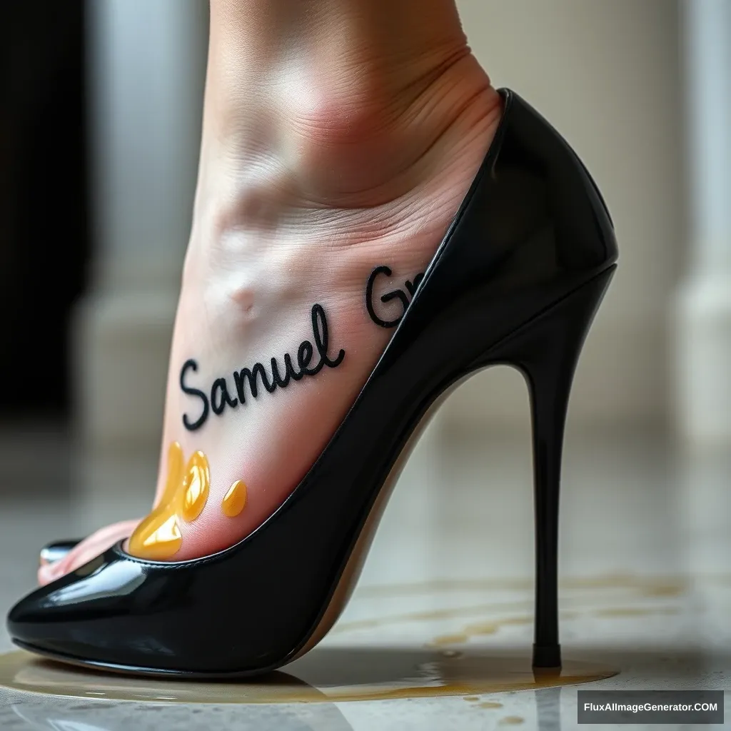 The name "Samuel Greg" on a woman's foot in a black high heel. There is oil all over the foot. - Image