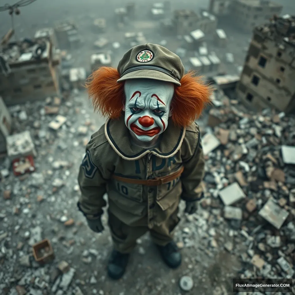 A small crying clown in an IDF uniform standing in the middle of a destroyed city in ruins. View from above and from some distance. Hyperreal.