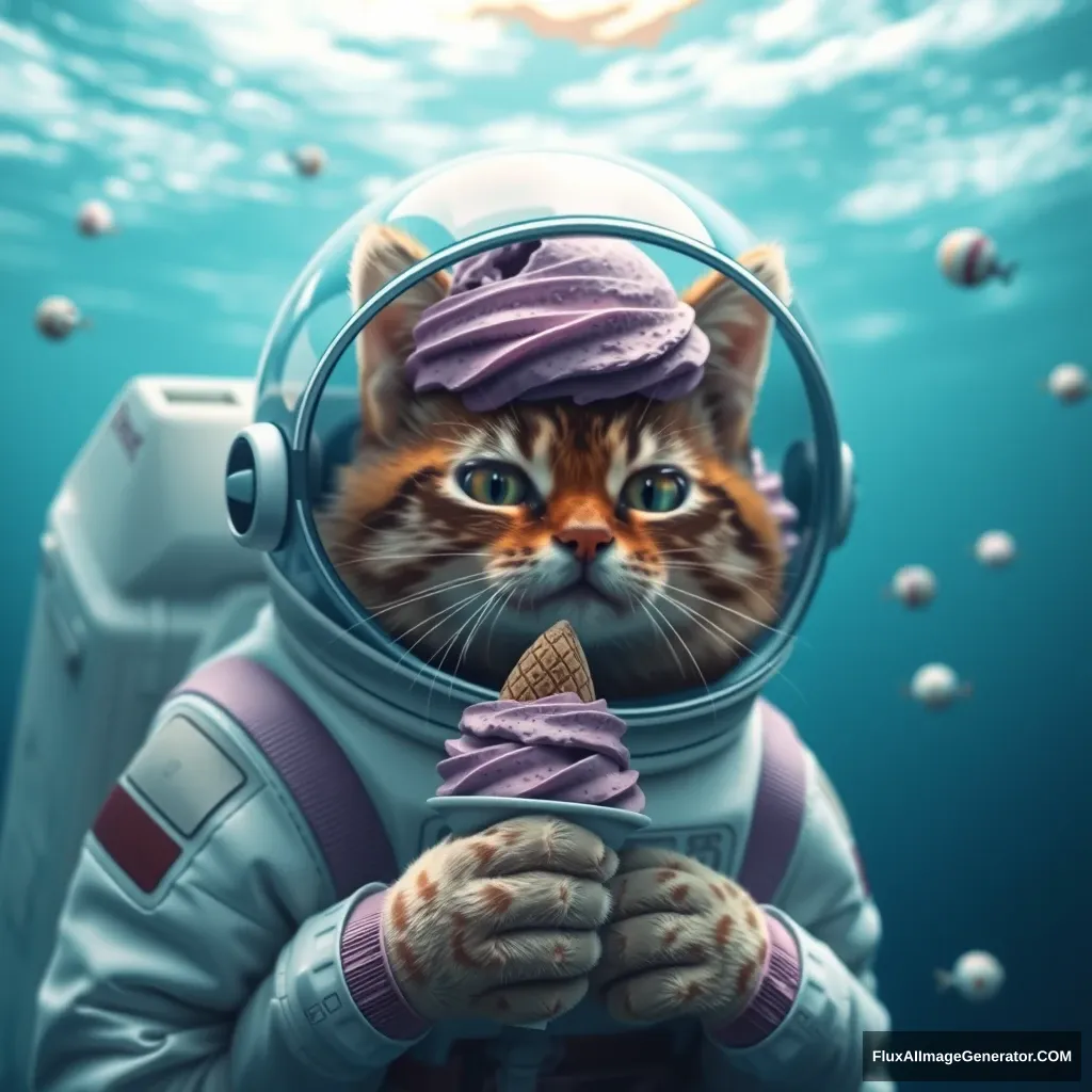 1 cat, astronaut, purple ice cream, photorealistic, in the ocean