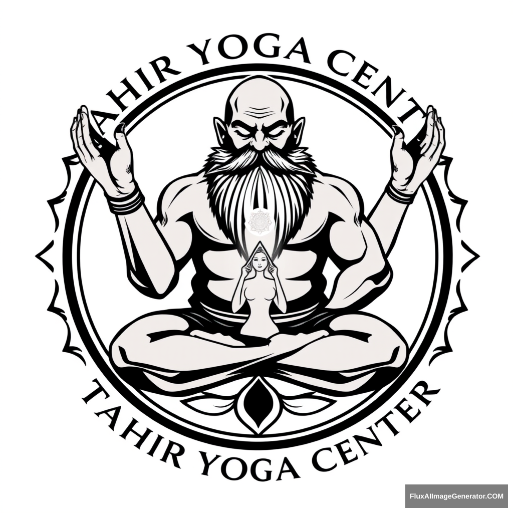 Tahir Yoga Center logo: a muscular, large bald dwarf with a beard in the lotus position exchanges energies from the muladhara chakras to the muladhara chakras with a woman.