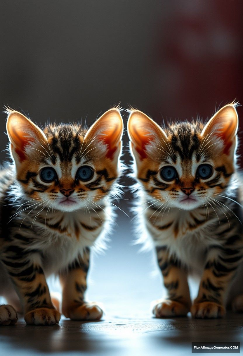 Two kittens looking towards the camera, light tracing, global lighting effects, 2k.