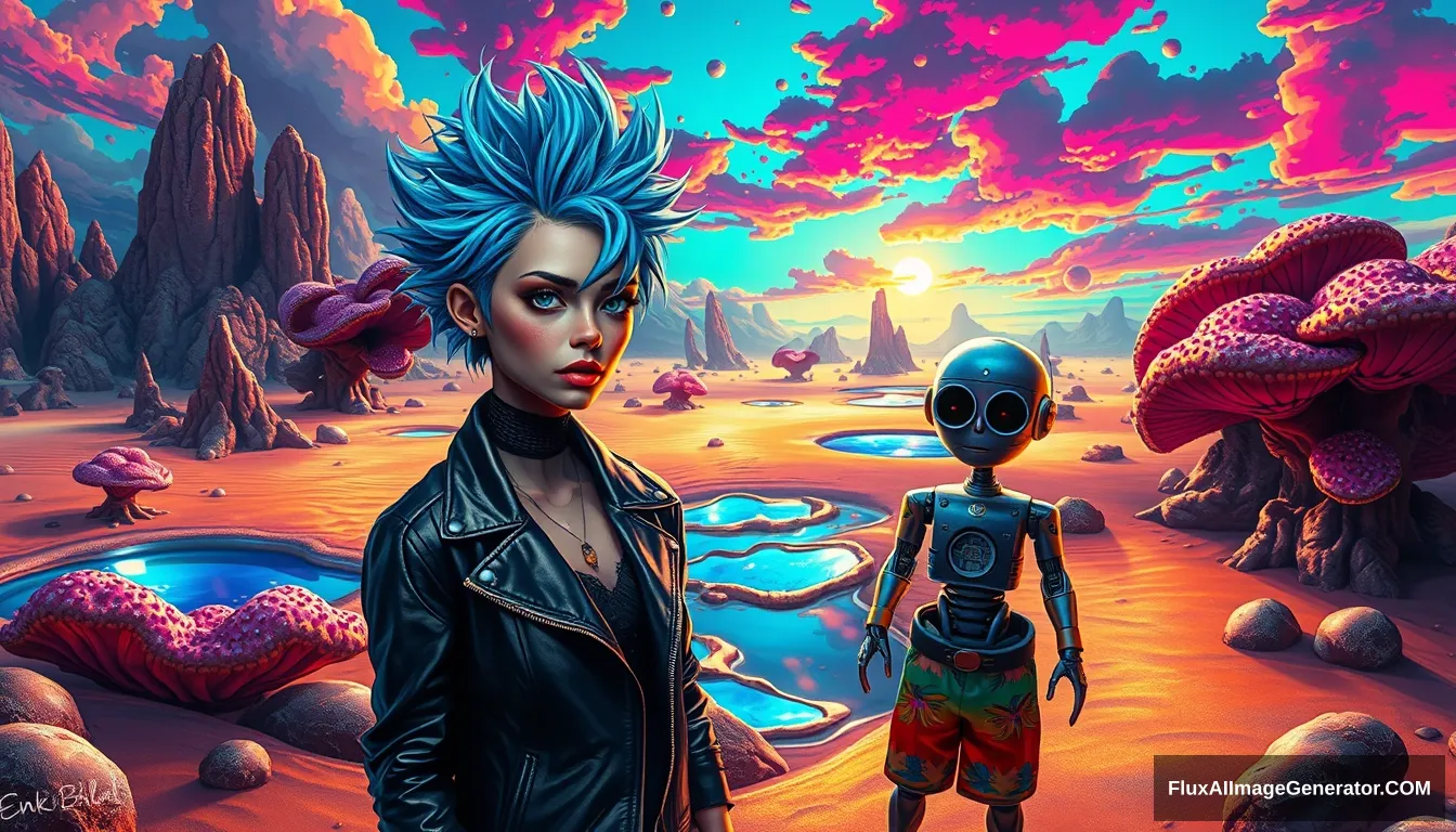 A vivid, high-contrast scene features a punk girl with electric blue spiky hair rendered in the intricate style of Enki Bilal with ray tracing effects. Photo: Digital painting of a vivid, high-contrast scene features a punk girl with electric blue spiky hair and a leather jacket, beside a charming retro-futuristic robot in Hawaiian shorts, on a surreal alien beach adorned with iridescent fungi and shimmering lakes, all beneath a vibrant, dreamlike sky. - Image