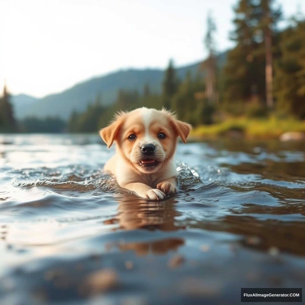 A puppy swimming in the river.