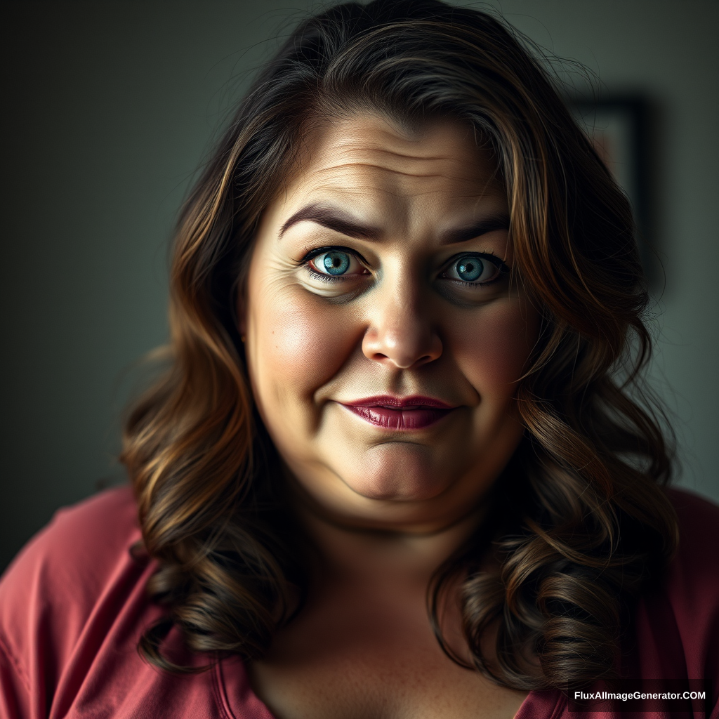 A realistic portrait of a chubby (but not obese) woman gazing directly into the camera. Her face radiates complex emotions: deep love, anxious uncertainty, and quiet confidence all at once. Her blue eyes sparkle with an intense, almost obsessive affection, suggesting she's madly in love with someone off-camera. There's a hint of vulnerability in her expression, revealing her uncertainty about the man's feelings.

Her long, brown hair falls in natural, soft curls around her shoulders. She wears no makeup, embracing her imperfections - slight wrinkles, freckles, and laugh lines are visible, adding character to her face. Her cheeks glow with a warm, natural blush, and a subtle, serene smile plays on her lips, hinting at inner peace and tranquility.

The woman's body language exudes self-assurance, showing she's completely comfortable with her curvy figure. Her posture and expression reflect a mature, nurturing presence - you can almost see the years of motherhood etched in her features, suggesting she's fiercely protected and cared for her children.

The background features soft, dim lighting, creating an intimate atmosphere. This gentle illumination highlights the woman's features, emphasizing the way life's hardships have shaped her into a radiant, diamond-like presence. Despite the challenges she's clearly faced, there's no trace of bitterness in her expression - only warmth, wisdom, and an enduring capacity for love.

The overall image should capture a sense of raw, unfiltered beauty - a woman who has been tempered by life's trials but emerged stronger, more loving, and at peace with herself.