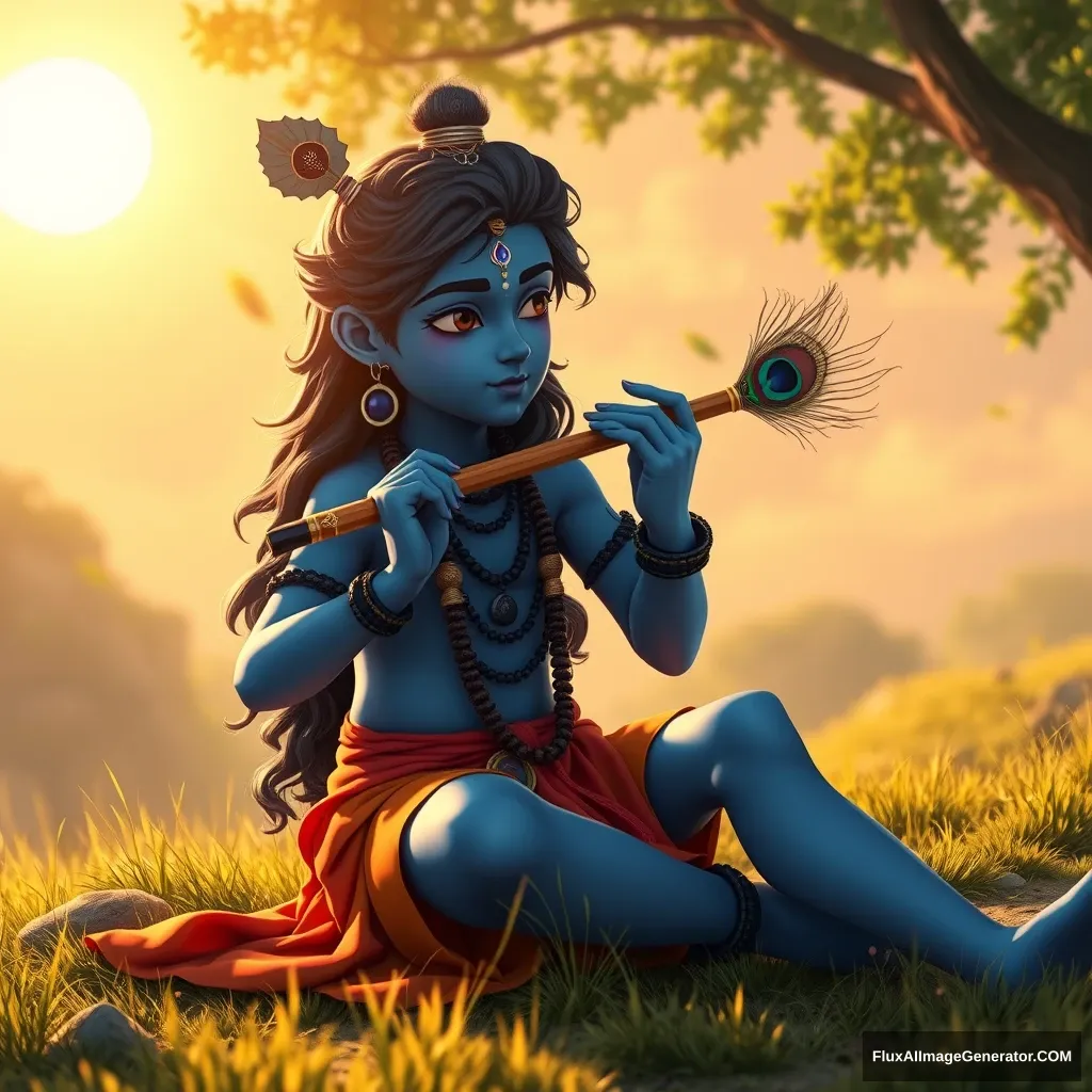 Young boy Krishna, 20 years old (blue skin), playing flute, 5 fingers, nature, sun, sitting, anime style, peacock feather, cinematic rendering, 3D look, long curly hair.