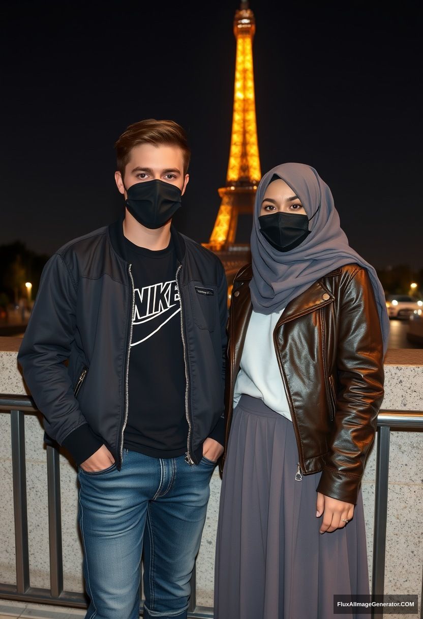 Jamie Dornan, youngest, black face mask, collage jacket, Nike t-shirt, jeans, tall man, fit body,

Dating, love with the biggest grey hijab Muslim girl, beautiful eyes, black face mask, leather jacket, biggest longest skirt, cute short girl,

standing at the wall, Eiffel Tower, night scenery, hyper-realistic, photorealistic, street photography.