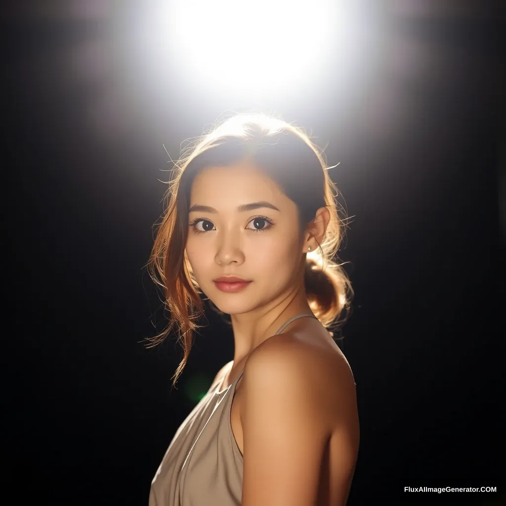 Background: Black background and a beam of light overhead, soft lighting. Light focused on the girl's face, A 21-year-old girl looked at me The girl was wearing a graceful halter top.