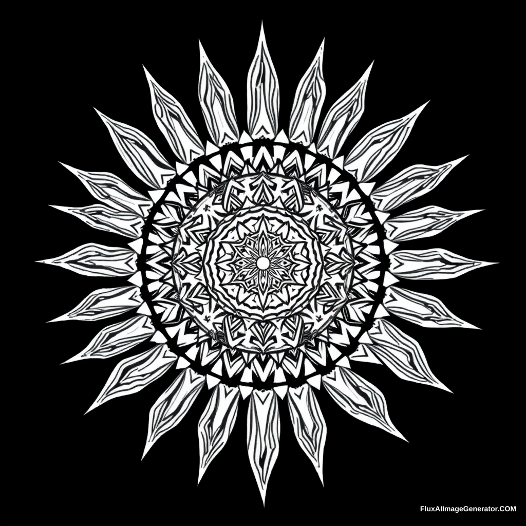 An image of the sun, with an intricate pattern inside of it NO COLOR no black parts, no shades with thick lines, square ratio, for a coloring book. - Image