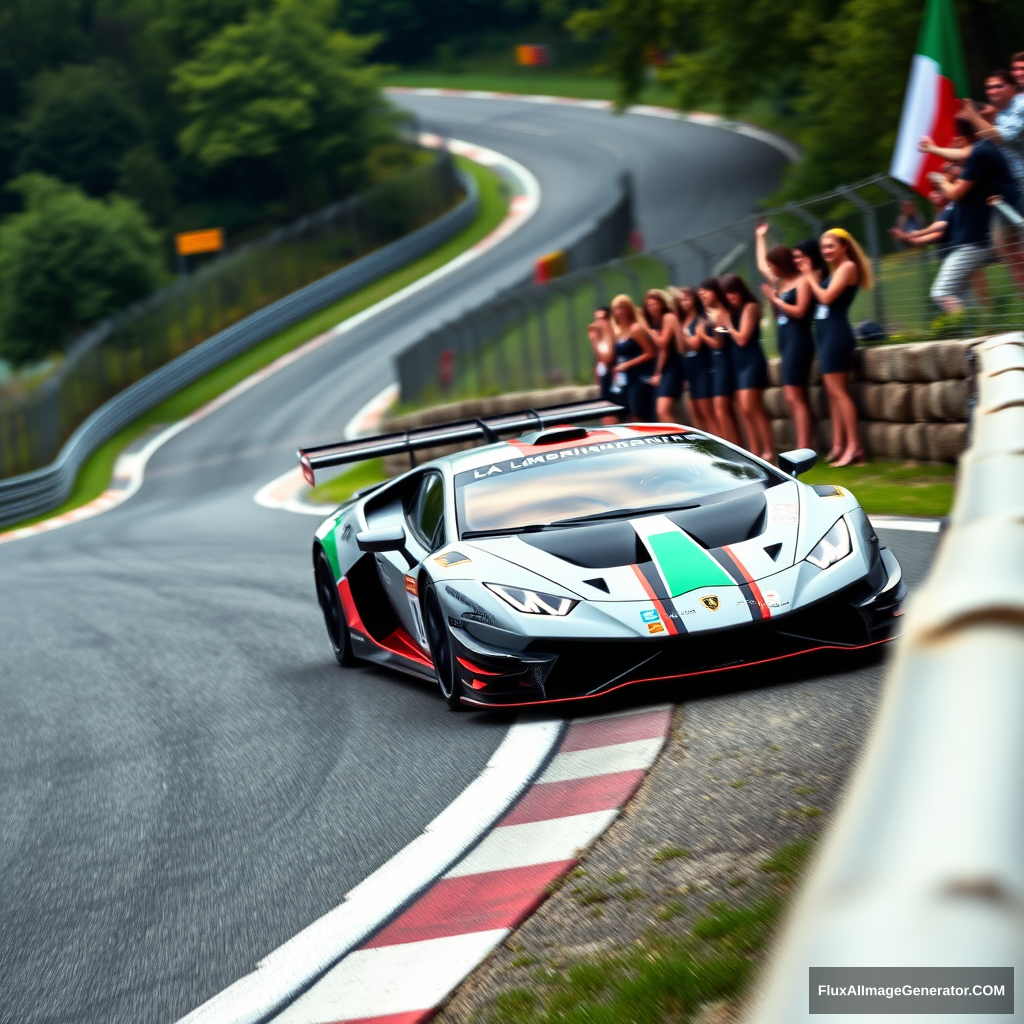 Create an image of a Lamborghini Super Trofeo race car with a sleek grey, red, and black livery, adorned with an Italian flag, speeding up the famous Eau Rouge corner at the Spa-Francorchamps circuit. The scene should capture the car's dynamic motion and power as it climbs the challenging incline. On the side of the track, a group of enthusiastic girls are cheering, adding energy and excitement to the atmosphere. The background should reflect the lush green surroundings and iconic features of the Spa-Francorchamps circuit, emphasizing the thrilling nature of the race.