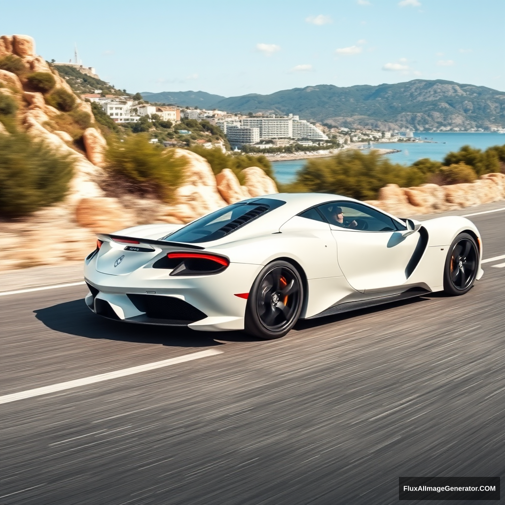 White realistic sports car, going on the roads of Costa Smeralda, Sardinia. REALISTIC.