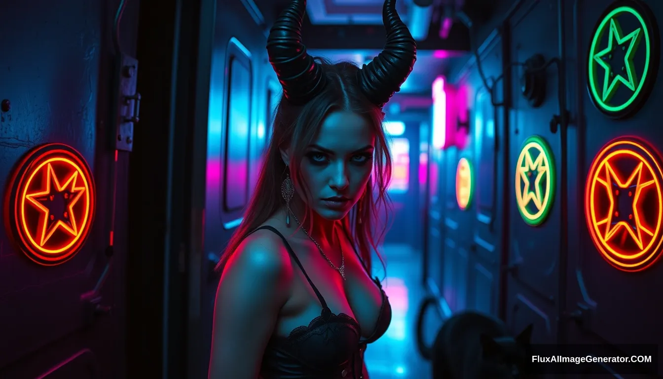 A striking portrait of a beautiful goth woman demon entering a dimly lit cyberpunk room, vibrant neon hues reflecting off metallic surfaces, with glowing pentagrams on the walls and a lurking black cat. - Image