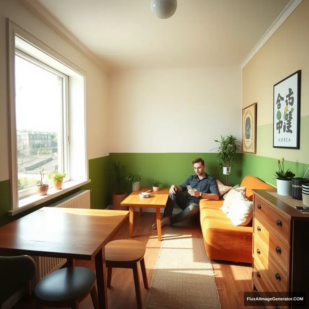 A cozy room, with one large window in the middle. It is sunny, but the light is not blinding. The room has a wooden dining table towards the window. The paint on the wall is both eggshell white and green, with a horizontal line dividing them, the green at the bottom. There is a sofa with a small sofa table, along with some plants and light bulbs to make it cozy. The window is very big, 1.5x1.5 meters. The wood on the tables is the same, and the color of the sofa is a shade of orange. There is a dresser in the room too, up against the wall. It contains art supplies, such as those for watercolor painting. On the wall is a cool poster related to Korea, likely with some text written in Hangul. There aren't many tables in the room. There is a radiator under the full length of the window. There is a ceiling light. A young Scandinavian man, slim and clean-shaven, sits on the couch with his Samsung 22' cell phone. - Image