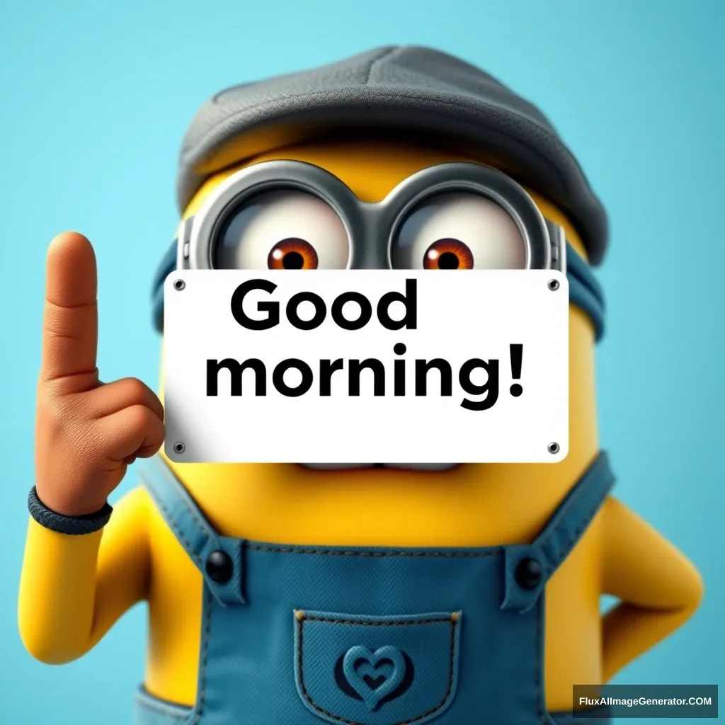 realistic minion holding a sign that says "Good morning!" and showing the middle finger to the front, quality details, hyper realistic, high definition, 8K, photo.