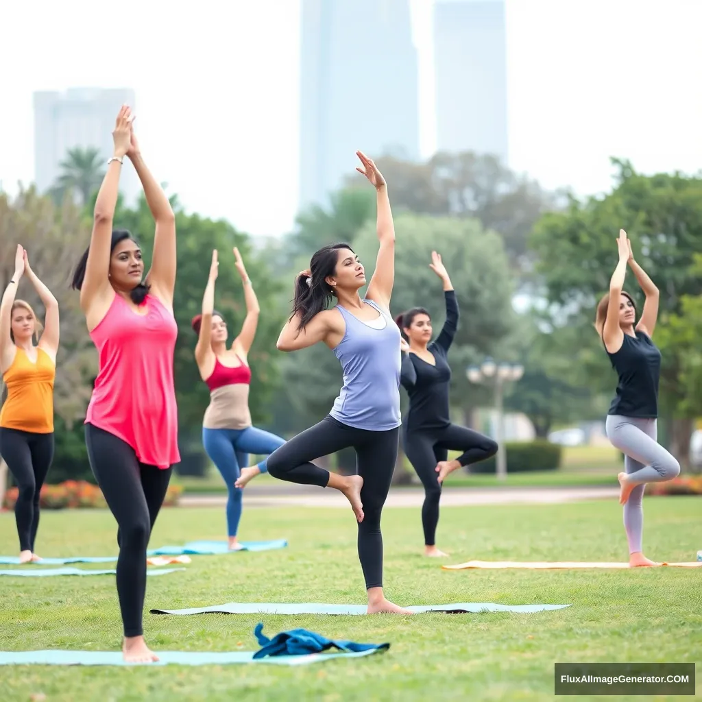 "Women doing yoga in parks, Asians, young married women, yoga pants, yoga outfits." - Image