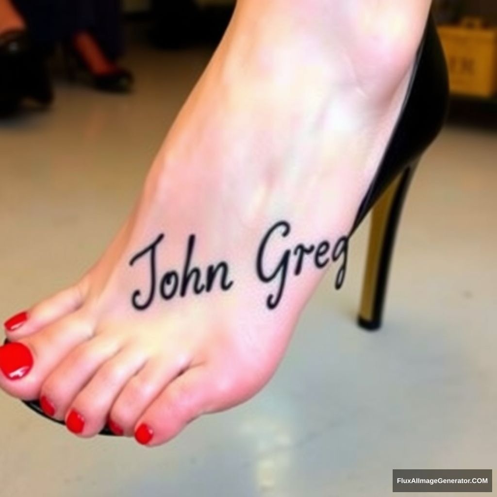 A woman's foot with the name "John Greg" on it. She is wearing black heels and her toenails are painted red.