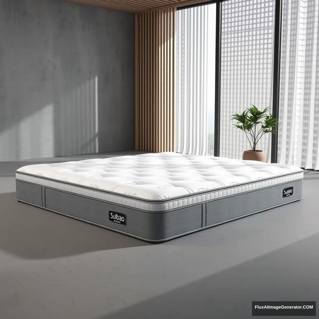 C4D, realistic rendering, a product image, the product type is a mattress, indoors, the product name is "Suibao Mattress", more details.