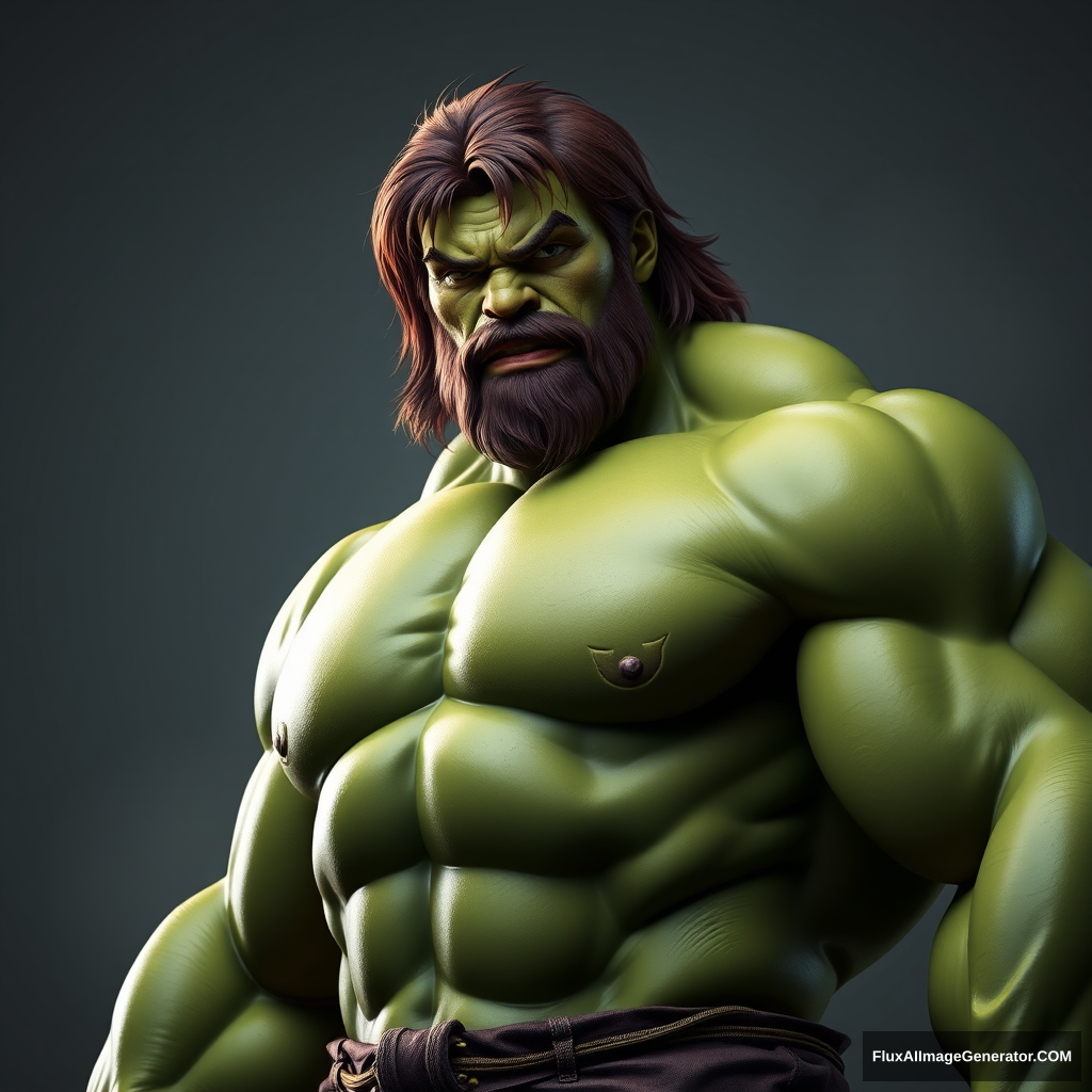 Full body picture of a long brown-haired and short-bearded guy as HULK.