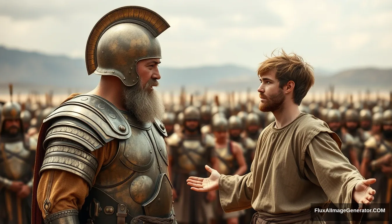 Create an image of two men standing apart and arguing while onlookers crowd around. The man on the right is a young man with messy, unkempt hair and a short beard. He is wearing a simple biblical-era shepherd’s tunic, has a serious expression, and is looking intently at the left eye of the other man. His arms are stretched out to the sides, and he has a serious expression on his face. The other man looks middle-aged, has a Jewish beard, and is wearing a full suit of Bronze Age Mesopotamian armor with laminated strips of bronze and a conical helmet with a pointed tip. The background shows a blurred crowd of soldiers also wearing armor similar to the king. Standing on the horizon further in the background is a blurred front of a large biblical-era army. The overall mood of the image is one of anxiety and concern.