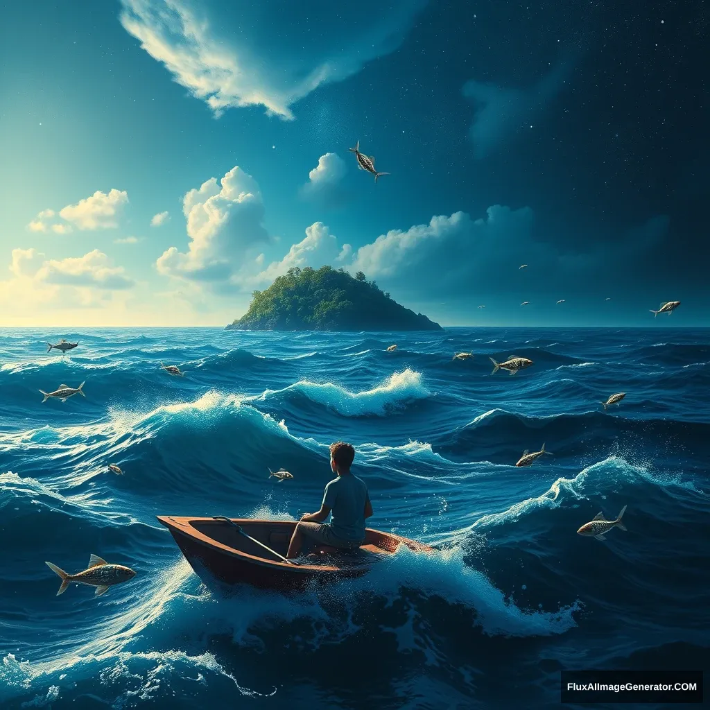 In "Life of Pi," the vast sea is the main scene. The waves rise and fall, and the sunlight spills on the sea, creating a sparkling effect. The mysterious island looms in the distance, with lush vegetation and full of unknowns. Glowing marine creatures swim around, some like twinkling stars and some like gorgeous ribbons. At night, the sky is full of stars, contrasting with the fluorescence on the sea surface. Young Pi sits alone on the lifeboat, surrounded by the endless blue, yet full of wonders and mysteries. Ultra-detailed, high-quality image, hyper-realistic, sharp focus, professional majestic oil painting, trending on ArtStation, trending on CGSociety, Intricate, High Detail, dramatic, photorealistic painting art by midjourney and greg rutkowski.