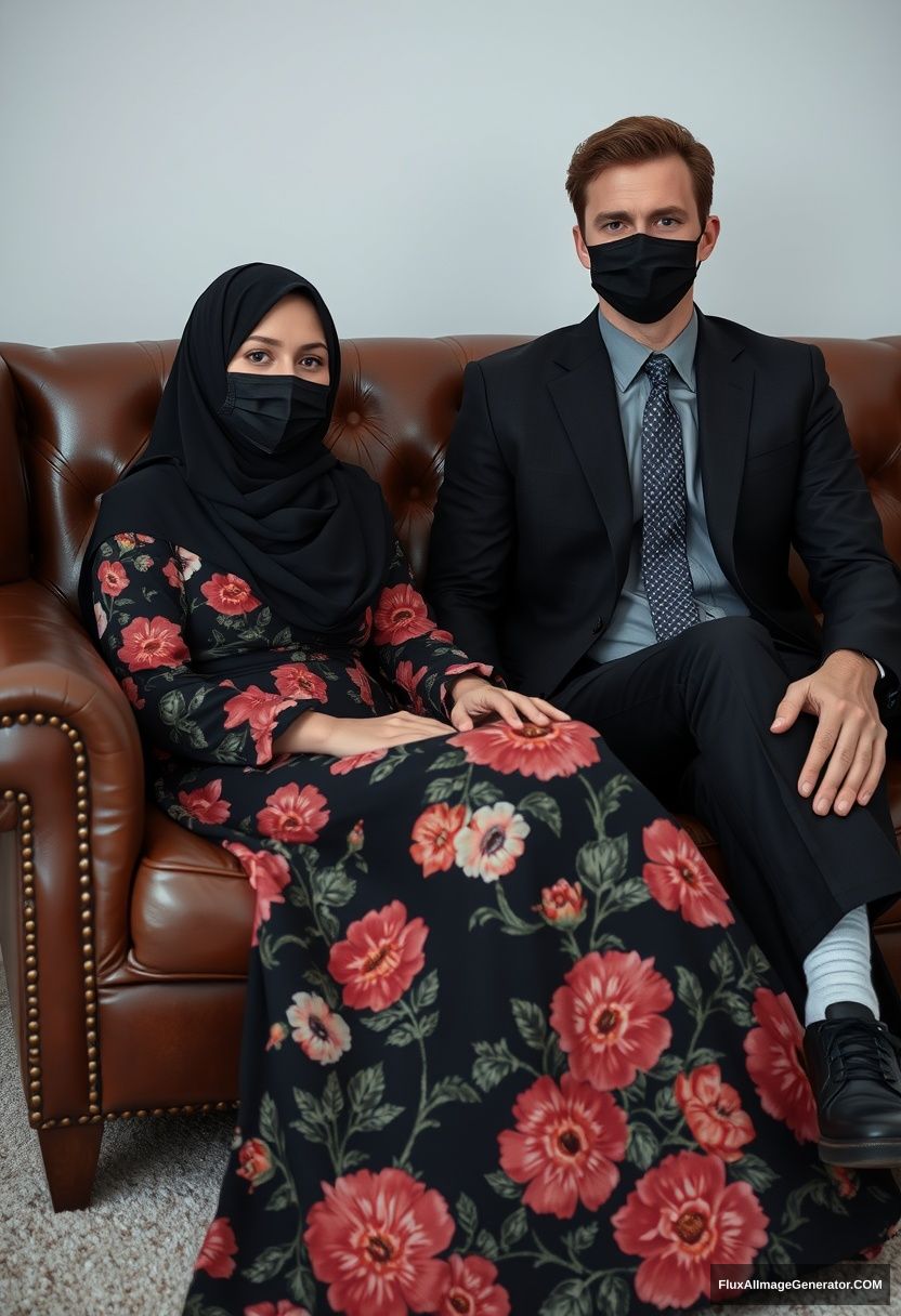 A biggest black hijab girl, slim girl, beautiful eyes, face mask black, biggest floral longest dress, sitting on leather single wing sofa,

Jamie Dornan, youngest, black suit coat, grey pattern tie, black leather sneaker, tall man, face mask black, fit body, sitting near her,

hyper realistic, studio photography.